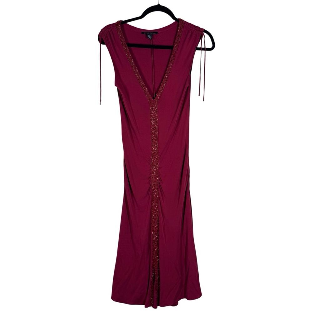 Vintage Y2K Kenneth Cole Red Beaded Dress Sleeveless V Neck Ruched Sides Medium
